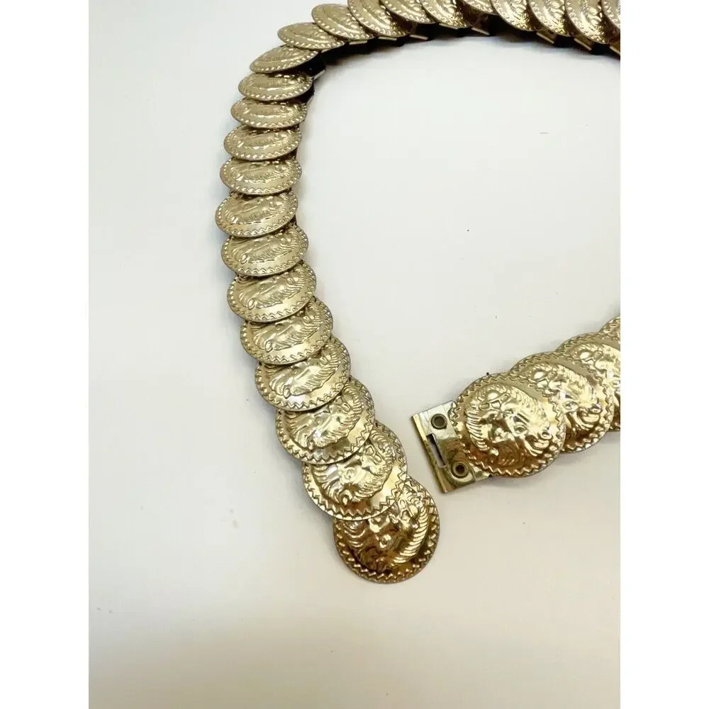 Vintage Gold Metallic Coin Lion Head Elastic Stretch Belt